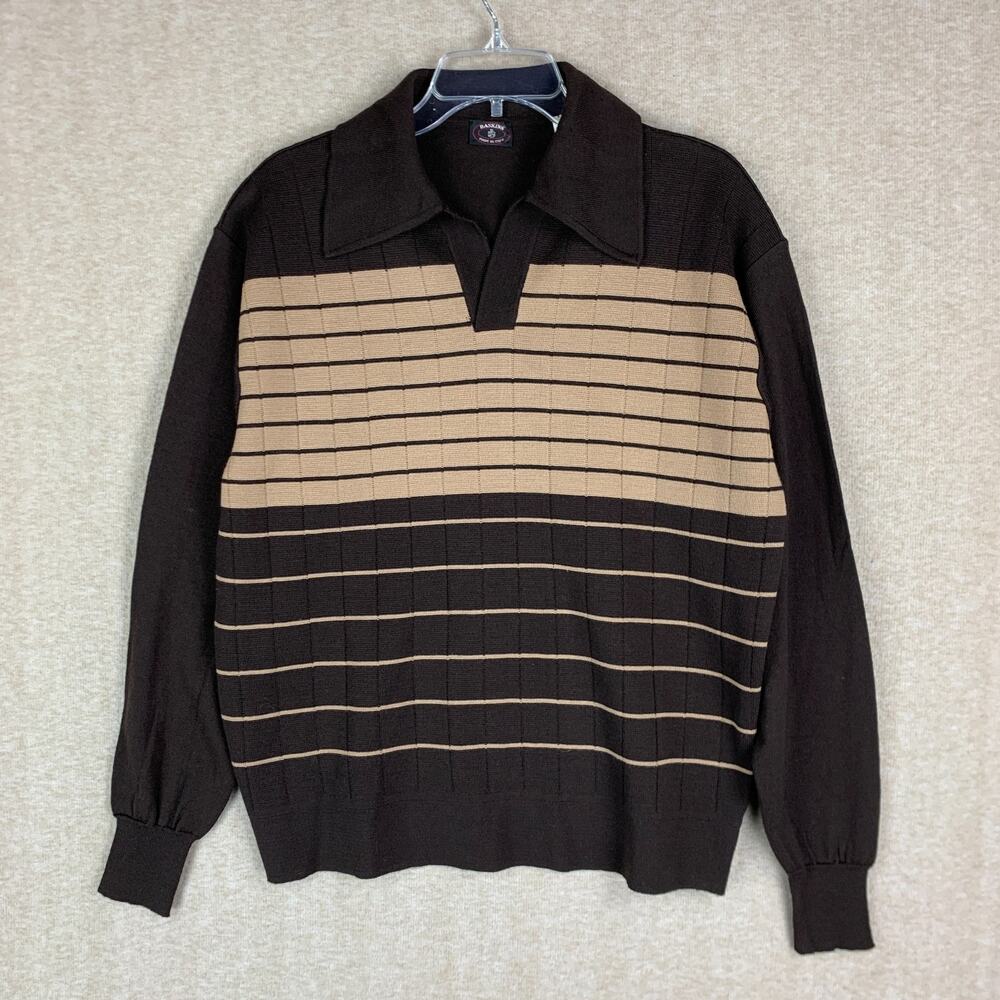 Vintage 70s Knit Polo Wool Sweater Mens XL Italy Brown Pullover Rockabilly Retro